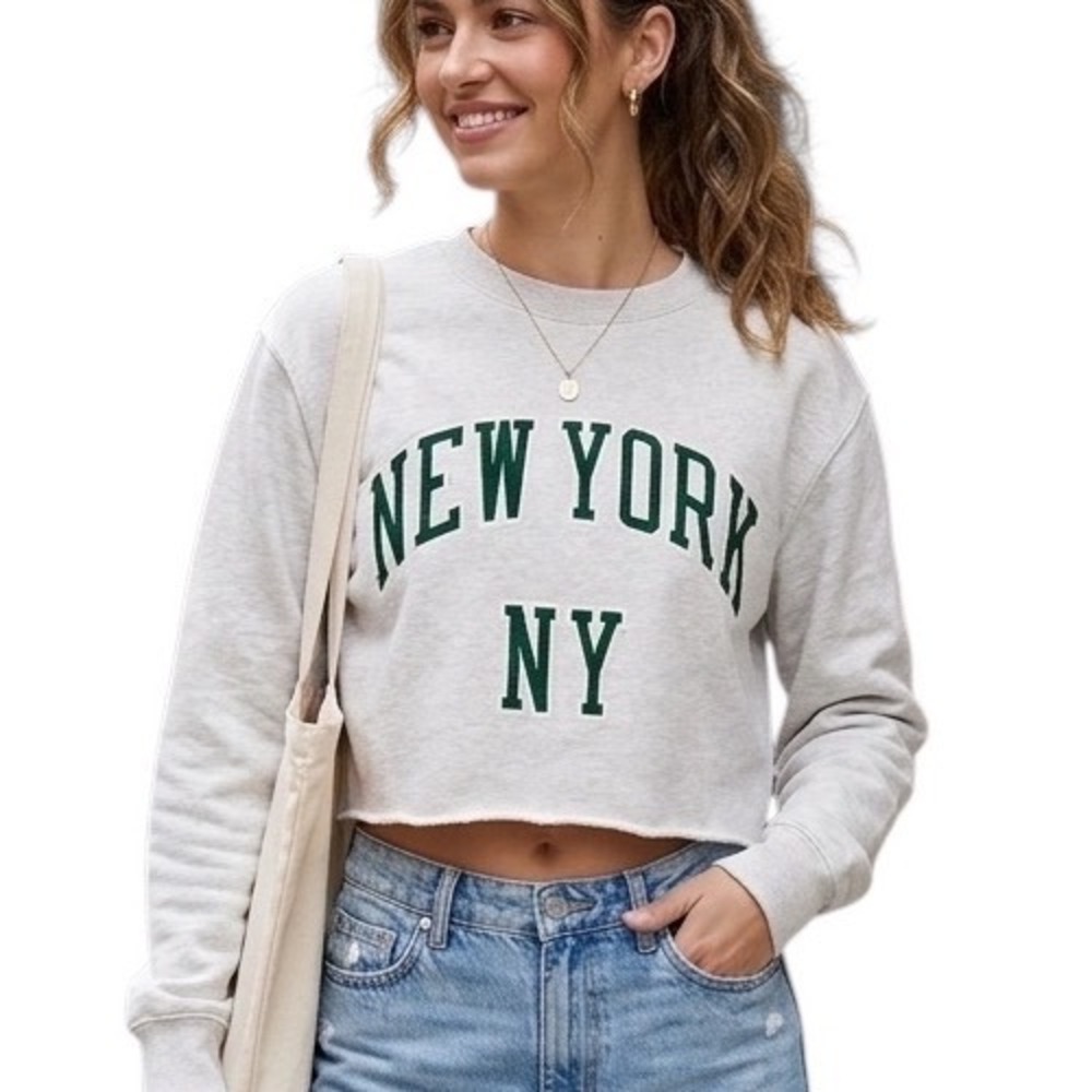Brandy Melville John Galt New York NY Graphic Boxy Cropped‎ Sweatshirt Gray M/L